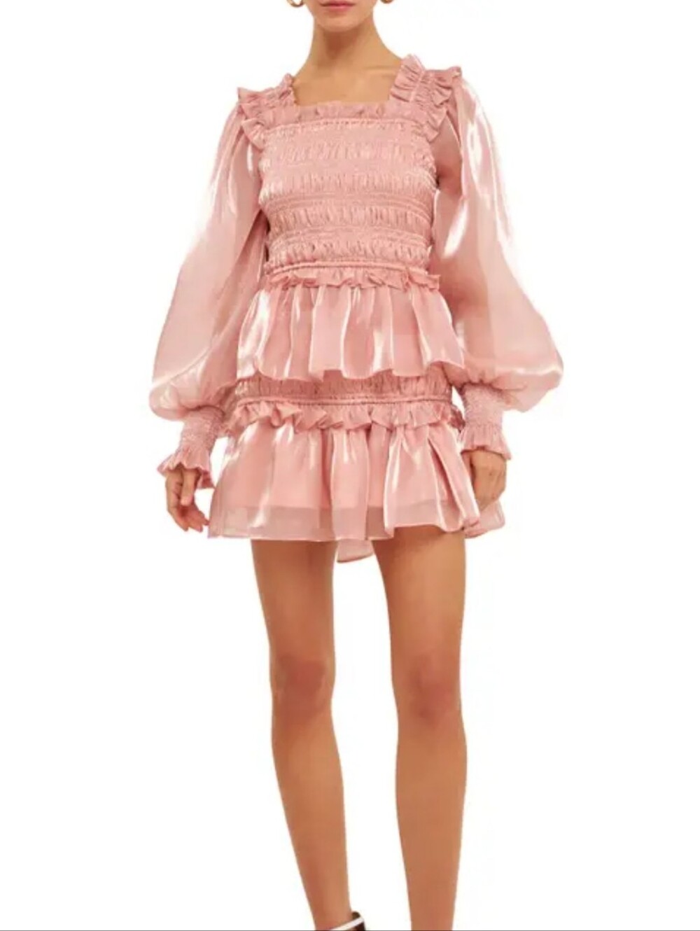 Endless Rose Metallic Sheen Long Sleeve Ruffle Minidress
